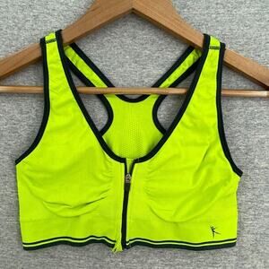 Danskin Sports Bra Womens Extra Small Lime Yellow Black Trim Front Zip RacerBack